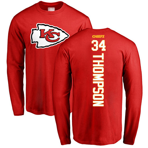 Men Kansas City Chiefs #34 Thompson Darwin Red Backer Long Sleeve T-Shirt